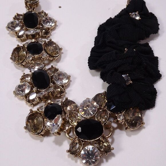 Banana Republic Black Grosgrain Ribbon Onyx Gem Stone Statement Crystal Necklace - Picture 1 of 15